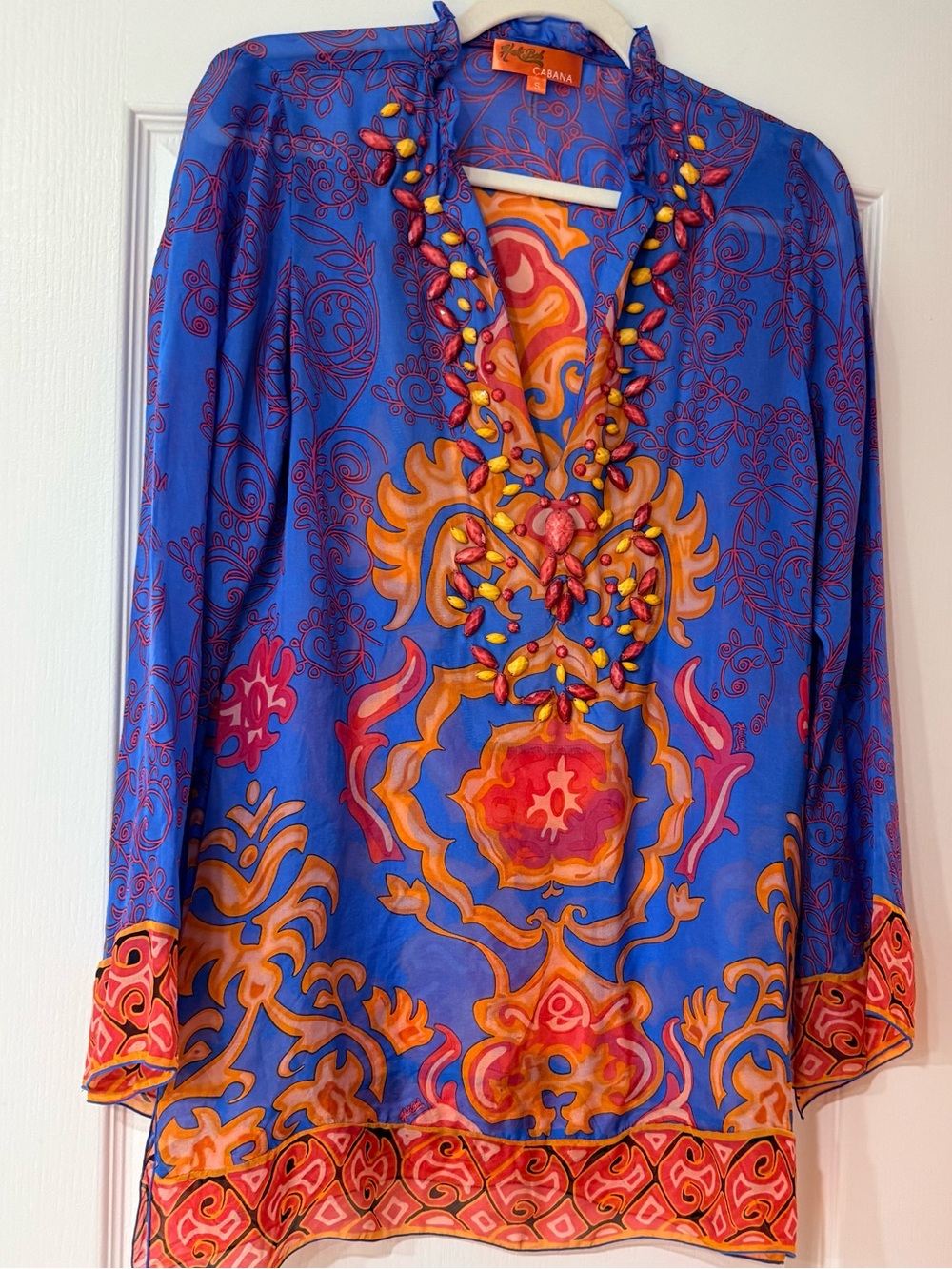 Hale Bob Cabana 100% Silk Beaded Tunic Top Blue Multicolor Boho Size Small